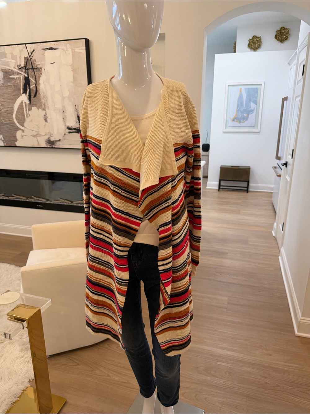 Isaac Mizrahi Cream Cardigan with Red, Pink and Brown Stripes